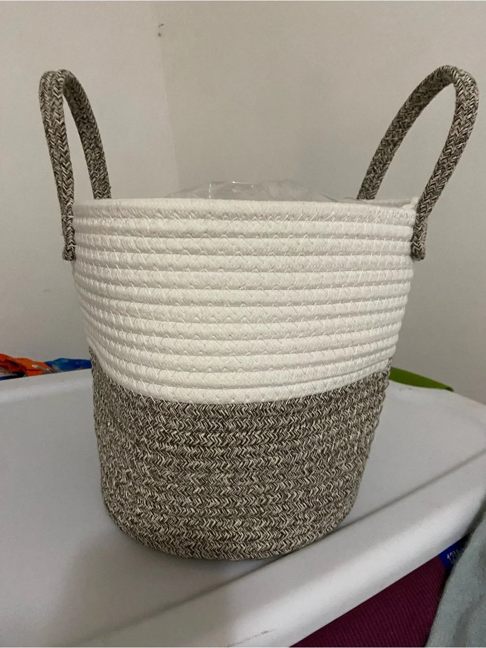 Two-Tone Woven Rope Plant Basket with plastic inner & Handles 10 X 10 X 9 “H
